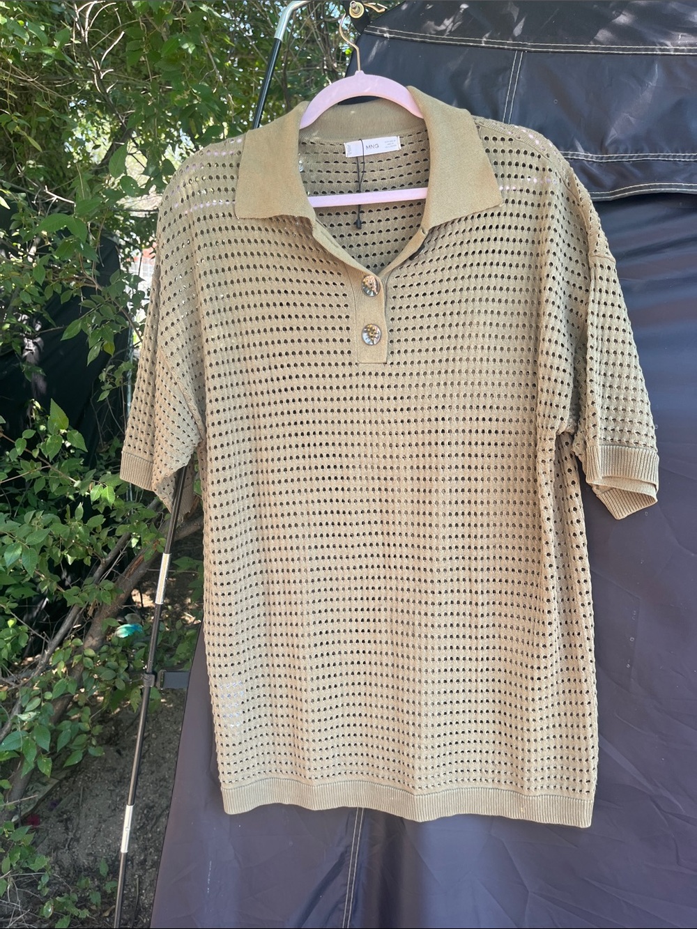 Mango Open-Knit Short-Sleeve Polo in Light Olive